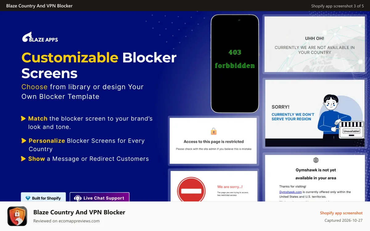 Blaze Country And VPN Blocker Shopify app screenshot: Choose from predesigned templates and set them as a screen