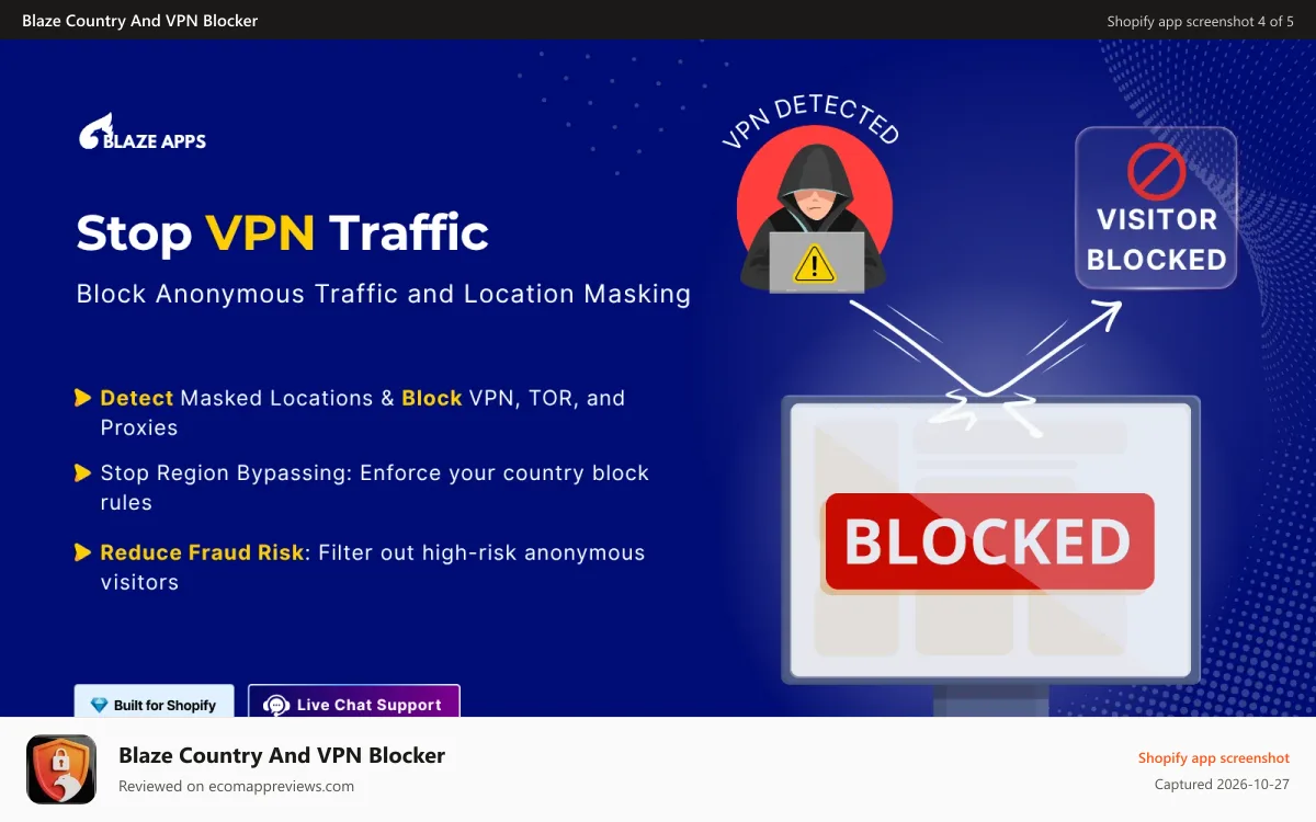 Blaze Country And VPN Blocker Shopify app screenshot: Detect VPN and TOR traffic and block them effortlessly