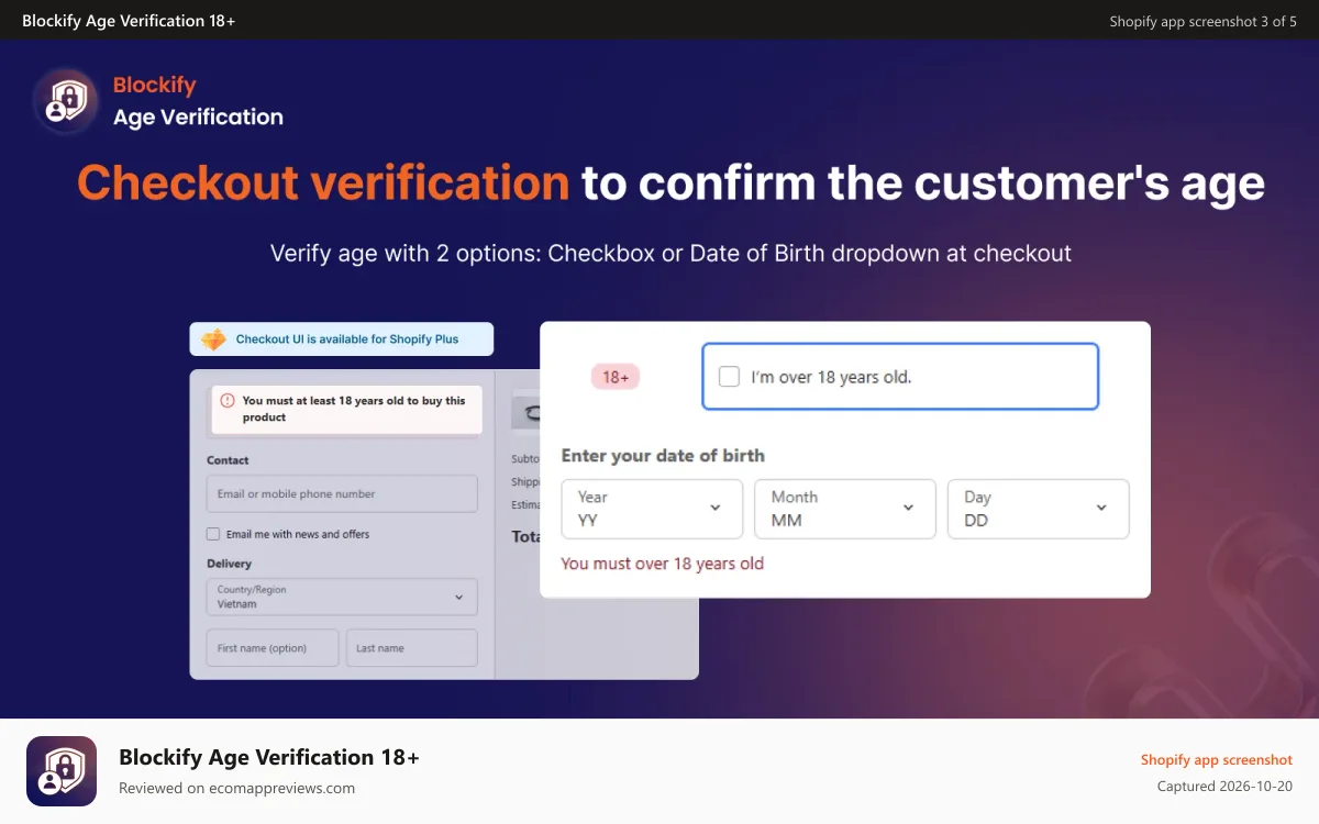Blockify Age Verification 18+ Shopify app screenshot: 2-age-verification-checkout