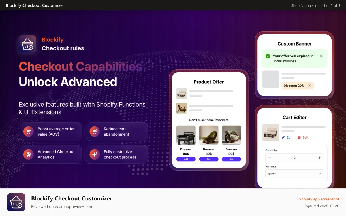 Blockify Checkout Customizer Shopify app screenshot: Shopify Plus Checkout Customization, Checkout Upsell