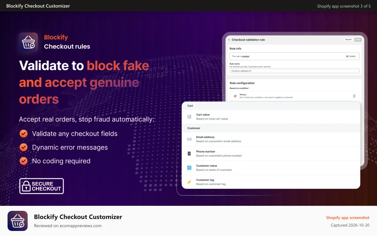 Blockify Checkout Customizer Shopify app screenshot: Checkout validation, Order limit