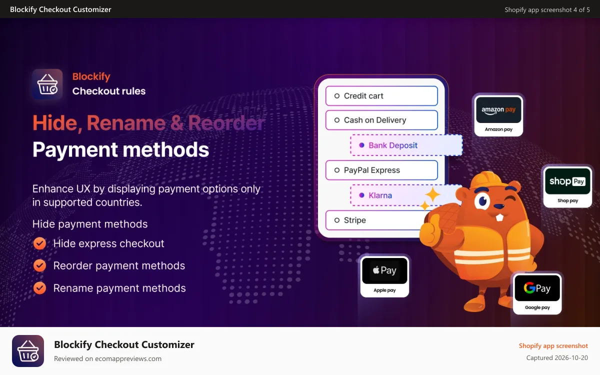 Blockify Checkout Customizer Shopify app screenshot: Hide, reorder, rename Payment method