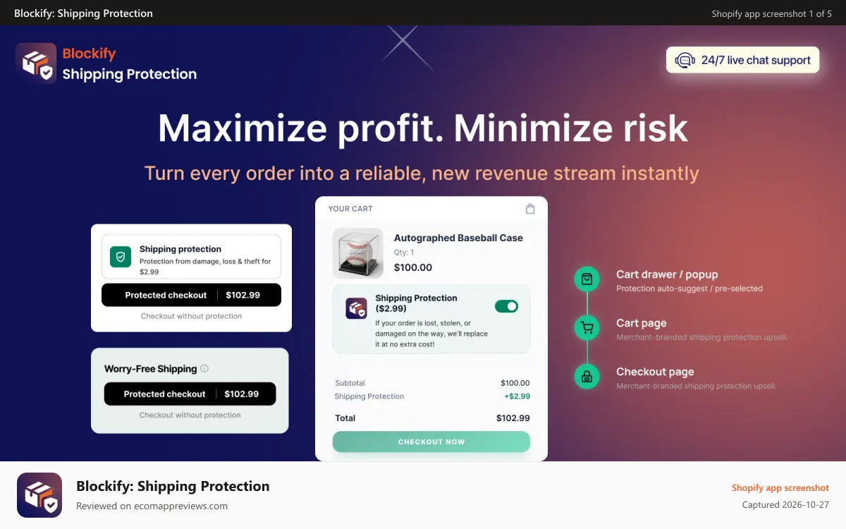 Blockify: Shipping Protection Shopify app screenshot: Blockify Shipping Protection app on Shopify cart & checkout