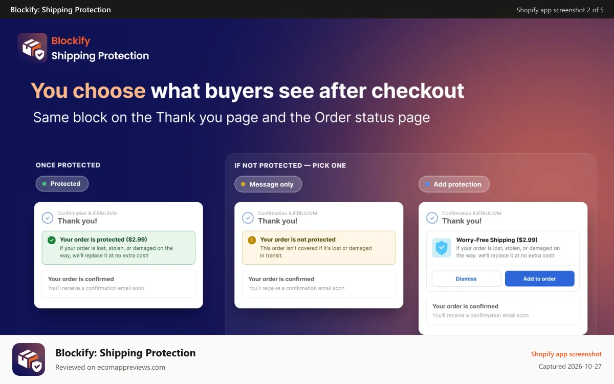 Blockify: Shipping Protection Shopify app screenshot: Same block on the Thank you page and the Order status page
