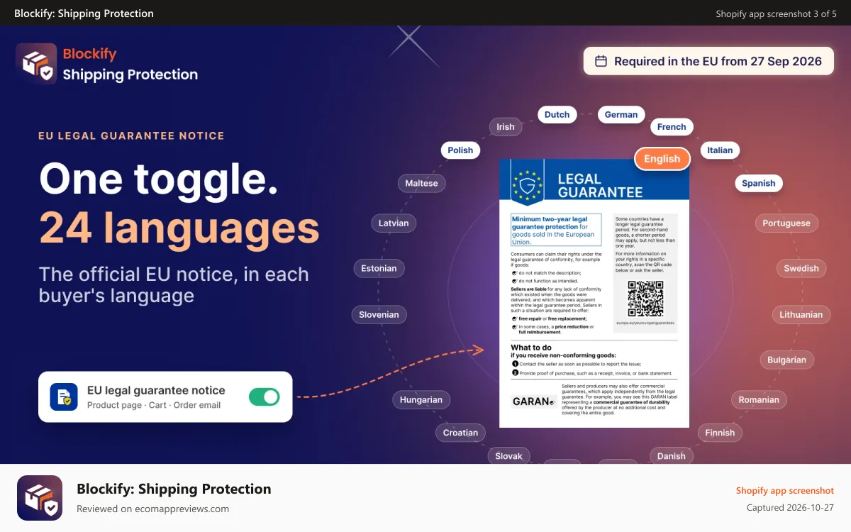 Blockify: Shipping Protection Shopify app screenshot: EU legal guarantee notice