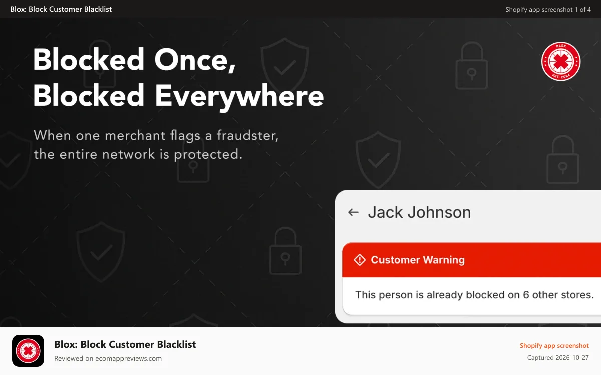 Blox: Block Customer Blacklist Shopify app screenshot: Blocked once, blocked everywhere—community fraud protection