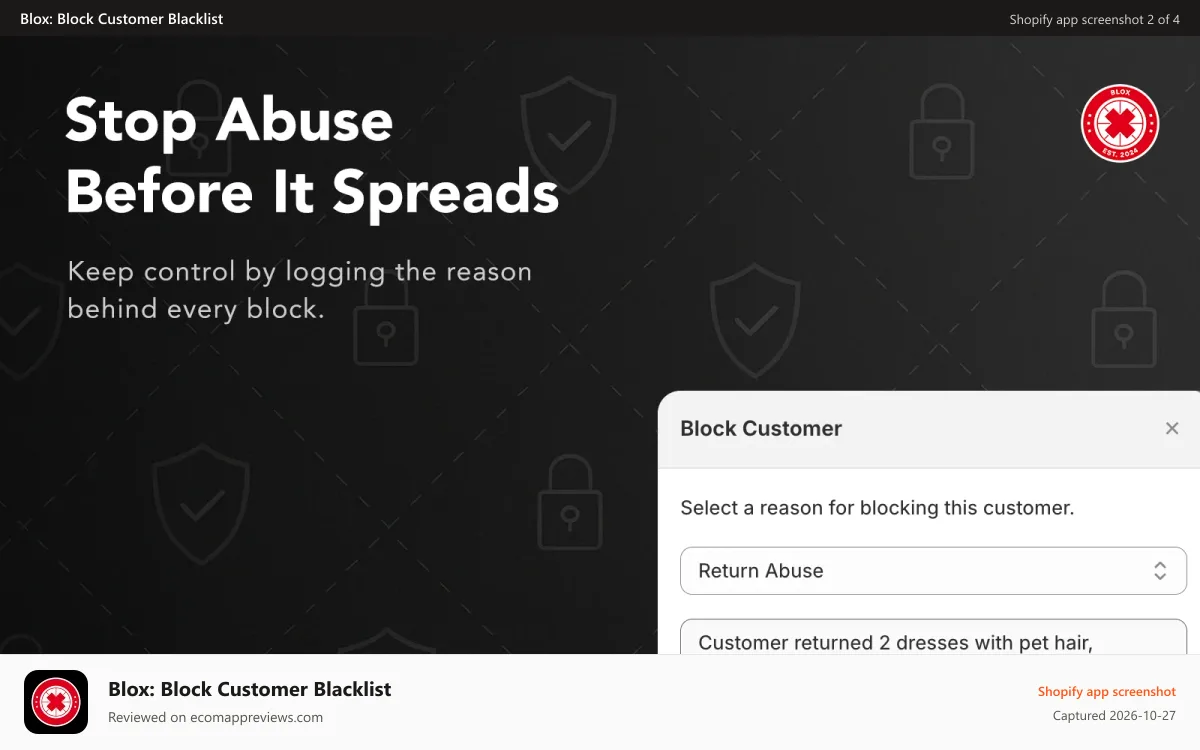 Blox: Block Customer Blacklist Shopify app screenshot: Stop abuse before it spreads: log a reason for every block