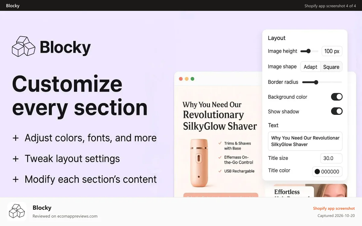Blocky Shopify app screenshot: Customizable Sections