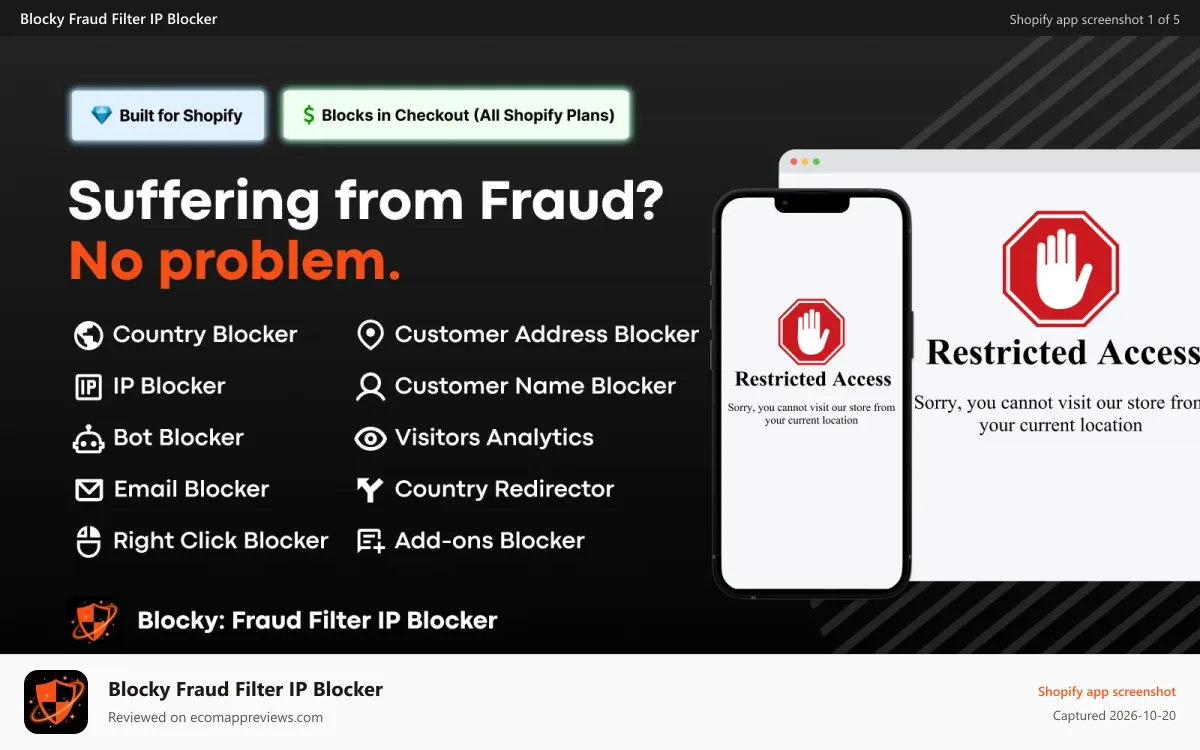 Blocky Fraud Filter IP Blocker Shopify app screenshot: Blocky allows you to block visitors by their country in 1 click.