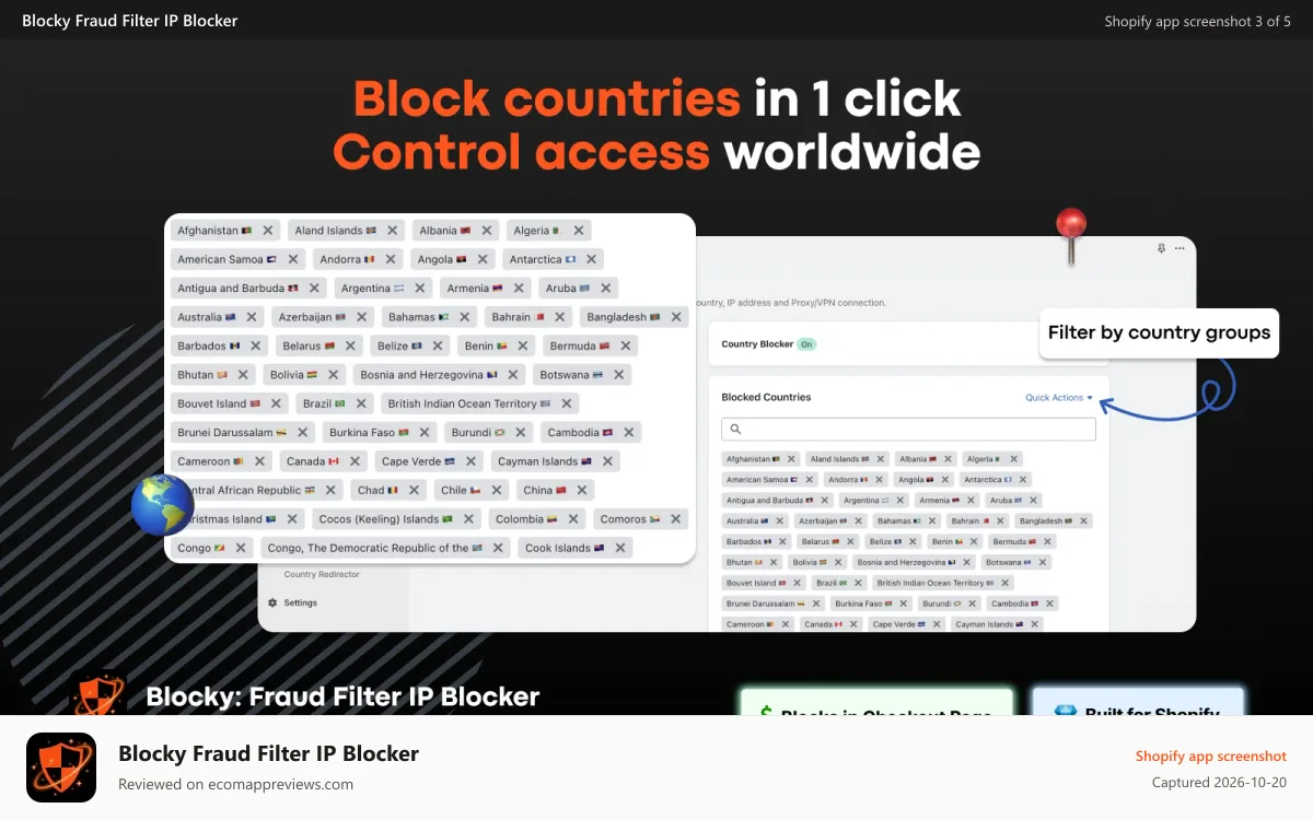 Blocky Fraud Filter IP Blocker Shopify app screenshot: The GeoIP/Geolocation country blocker feature: Block countries
