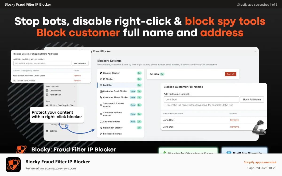 Blocky Fraud Filter IP Blocker Shopify app screenshot: The Proxy VPN blocker feature: Block bots and suspicious buyers
