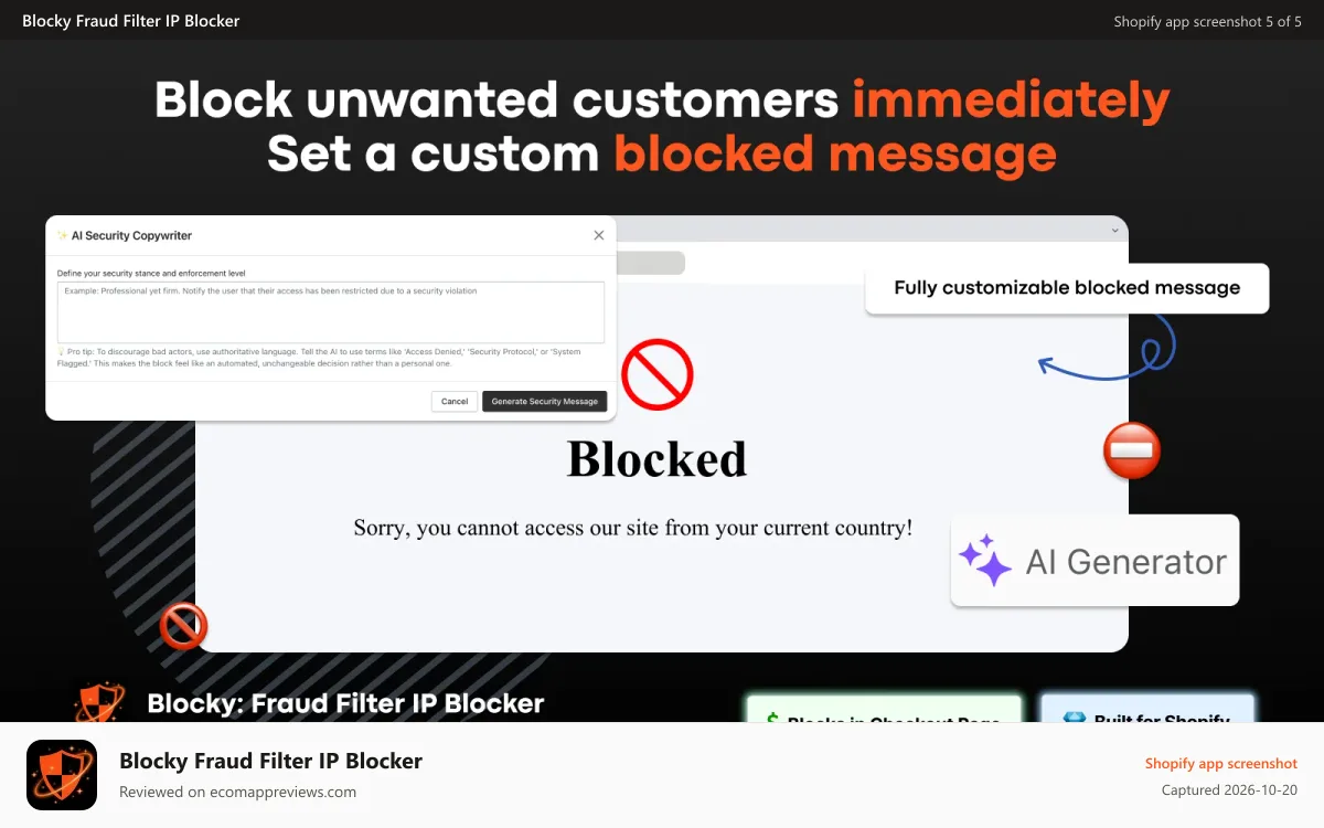 Blocky Fraud Filter IP Blocker Shopify app screenshot: The app in action: A Blocked AI message appears in the store
