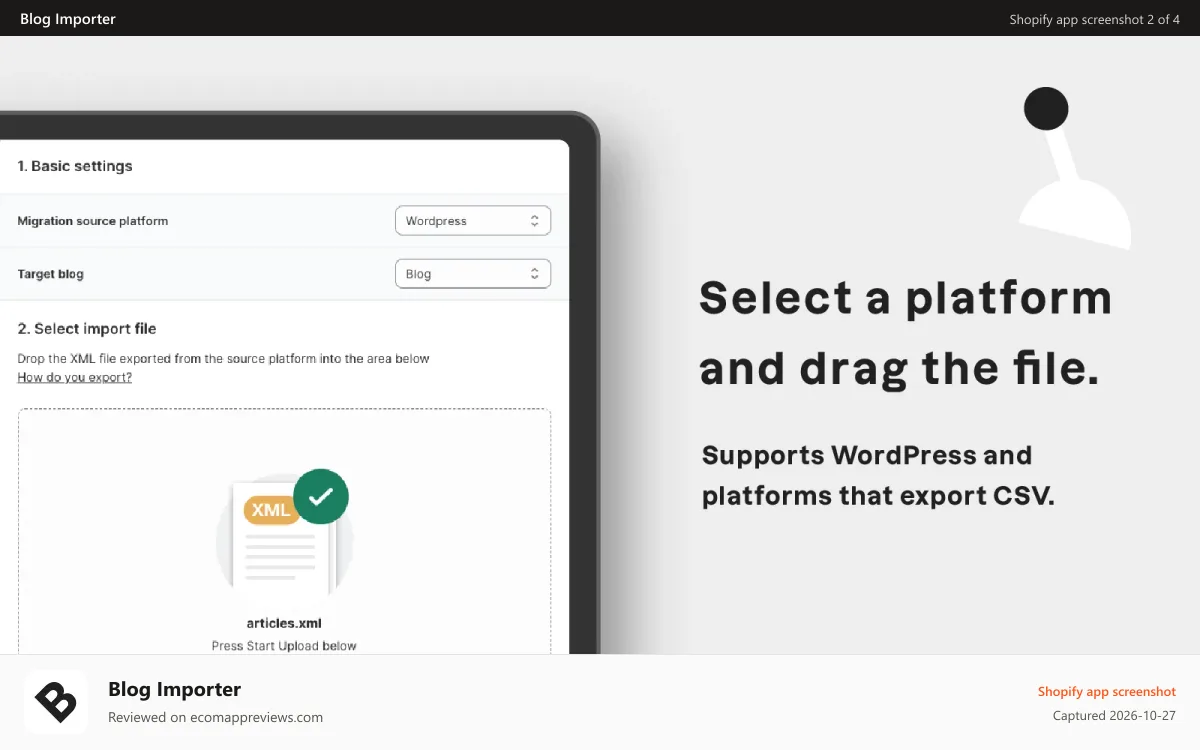 Blog Importer Shopify app screenshot: Select a platform and drag the file.