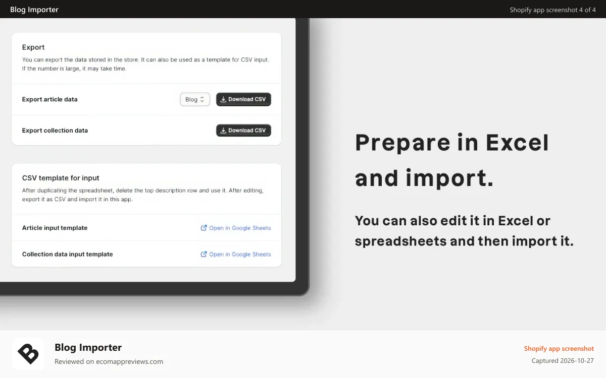 Blog Importer Shopify app screenshot: Prepare in Excel and import.