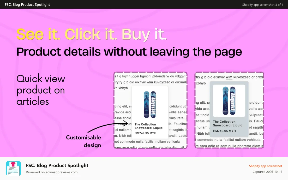FSC: Blog Product Spotlight Shopify app screenshot: Show product popover on articles when hover