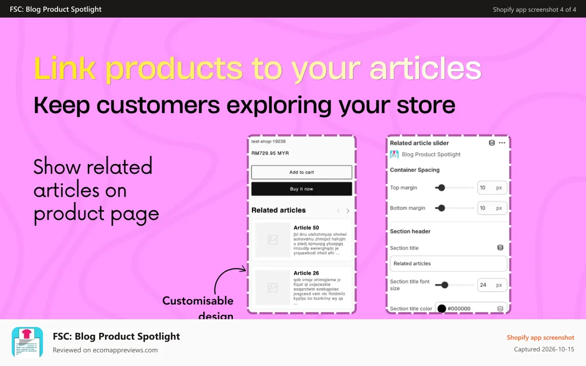 FSC: Blog Product Spotlight Shopify app screenshot: Show related articles on product page