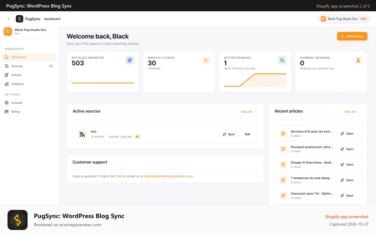 PugSync: WordPress Blog Sync Shopify app screenshot: Sync Medium, WordPress, Squarespace, Wix, Webflow, and 3 more!