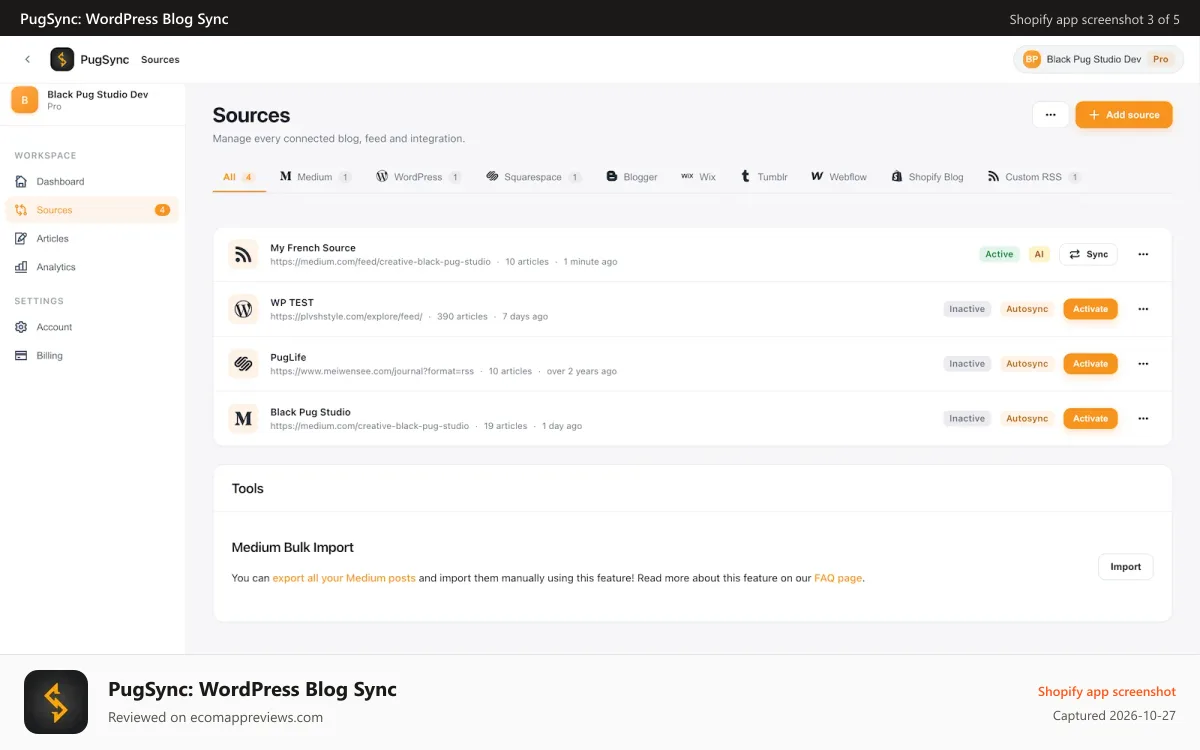 PugSync: WordPress Blog Sync Shopify app screenshot: AutoSync new posts, or approve them as drafts