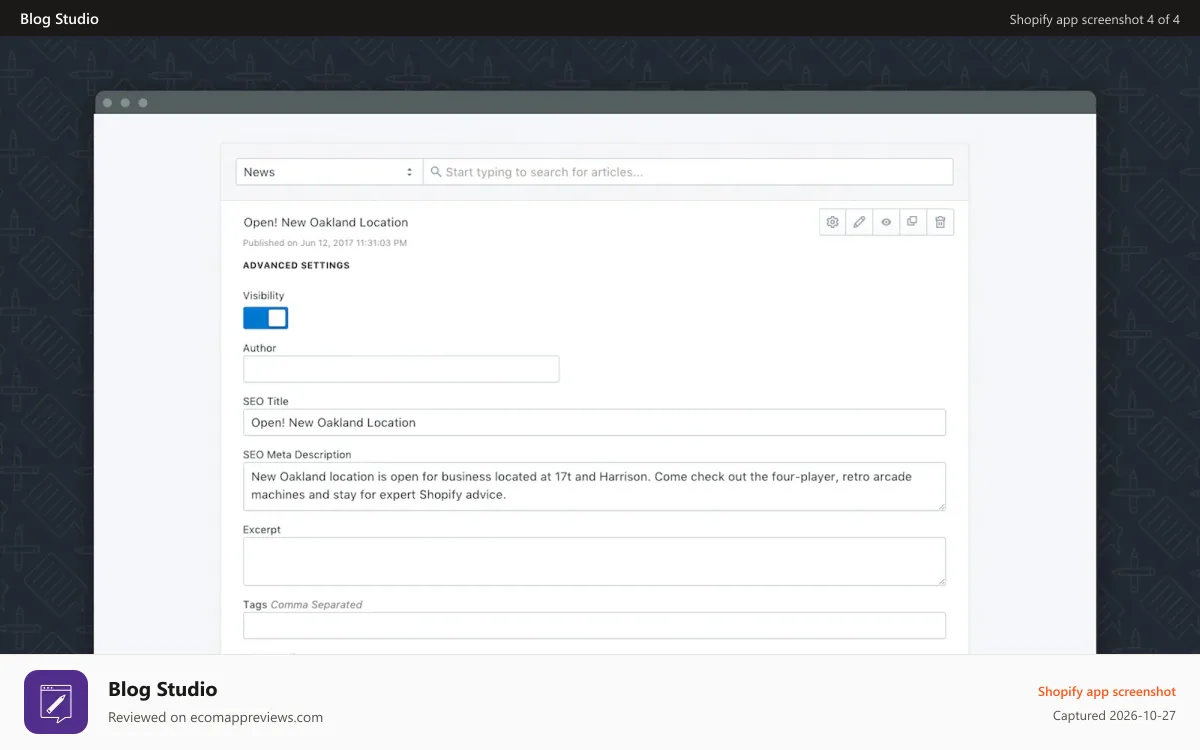 Blog Studio Shopify app screenshot: Easily manage articles and their SEO