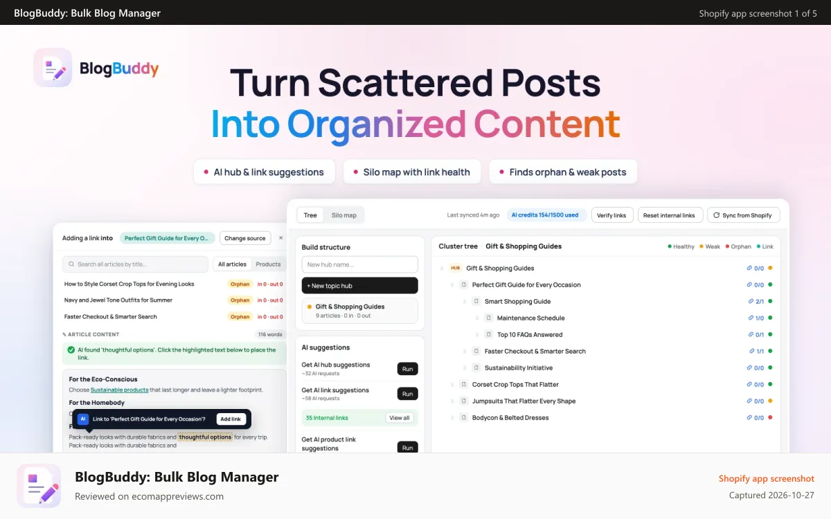 BlogBuddy: Bulk Blog Manager Shopify app screenshot: Topic clusters with AI hub and internal-link suggestions