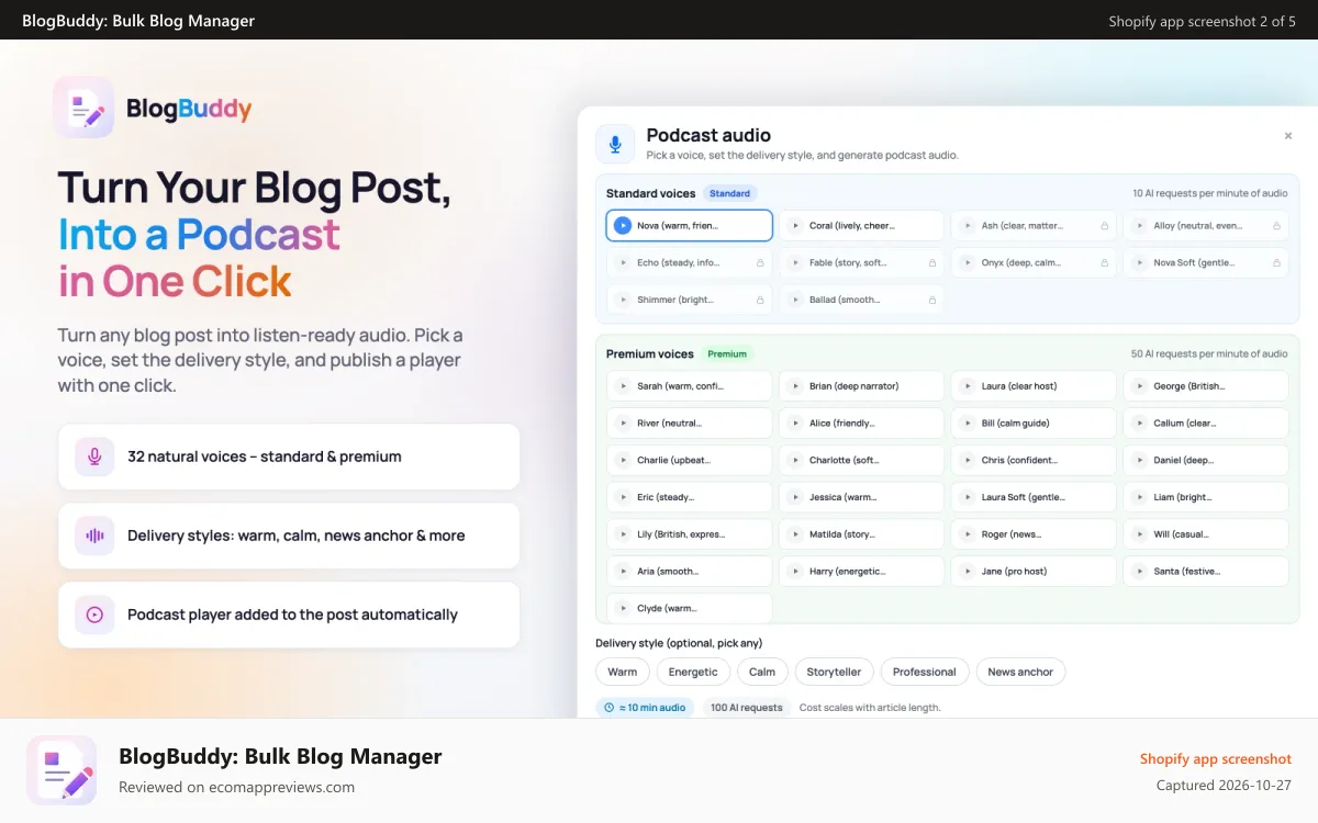 BlogBuddy: Bulk Blog Manager Shopify app screenshot: Article audio with voice choices and delivery styles