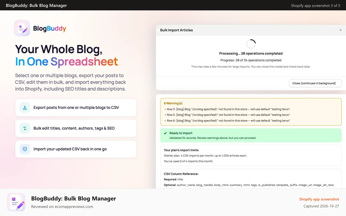 BlogBuddy: Bulk Blog Manager Shopify app screenshot: CSV article import, validation and export workflow