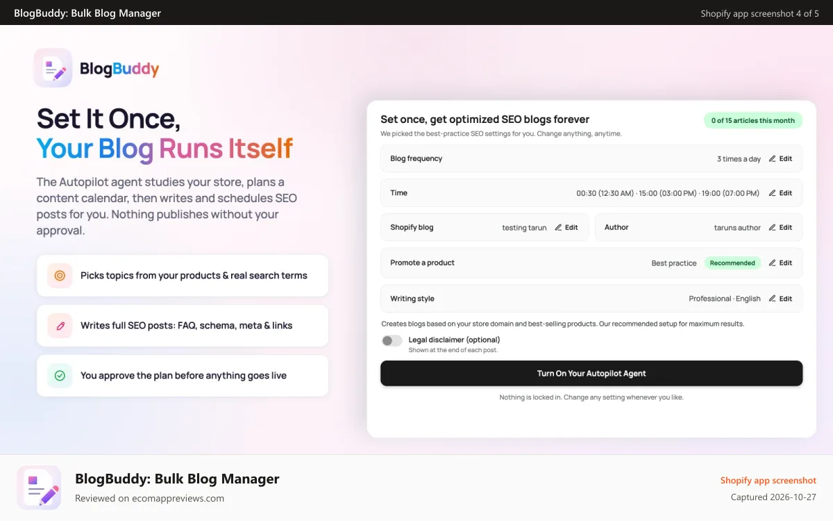 BlogBuddy: Bulk Blog Manager Shopify app screenshot: Autopilot schedule and publishing preferences