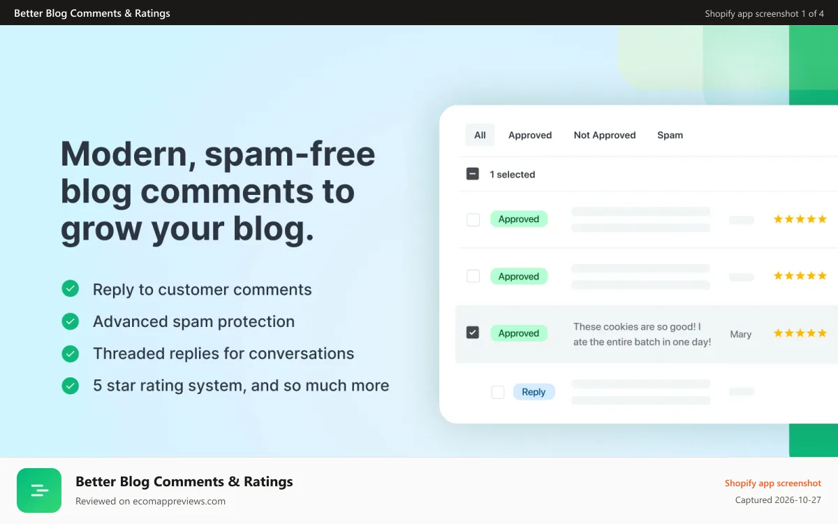 Better Blog Comments & Ratings Shopify app screenshot: Modern, spam-free blog comments on your Shopify store blog posts
