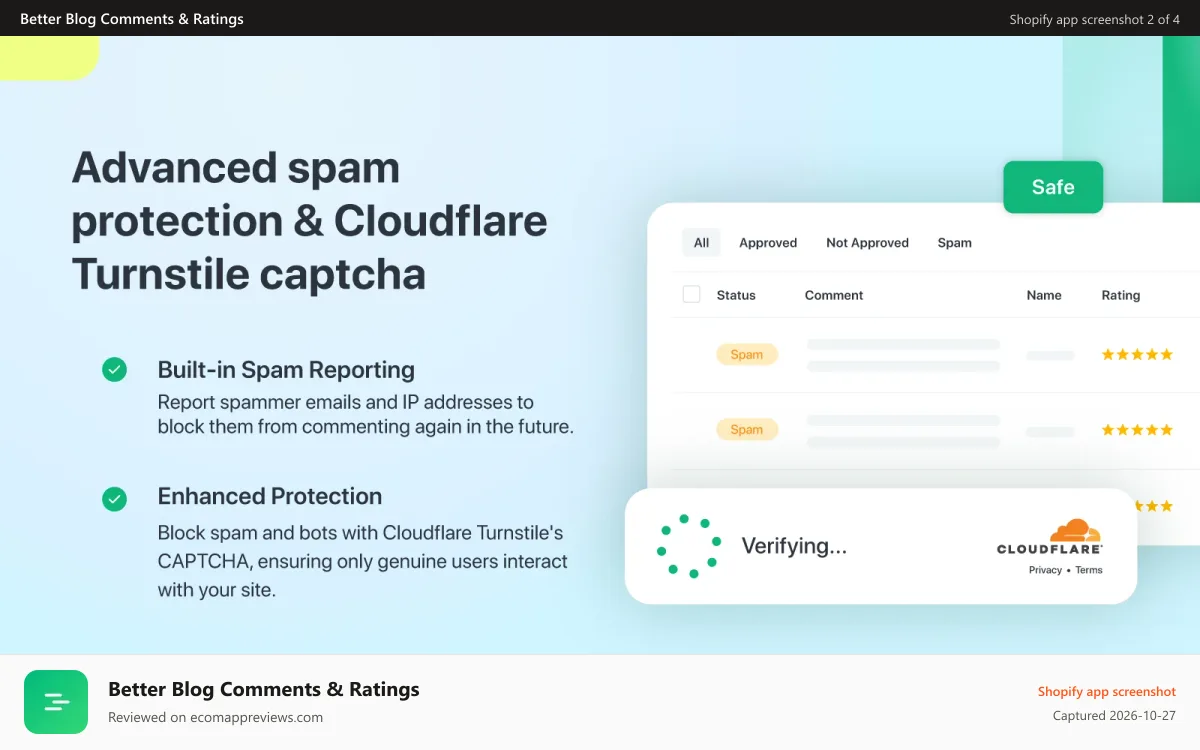 Better Blog Comments & Ratings Shopify app screenshot: Advanced spam protection with Cloudflare Turnstile.
