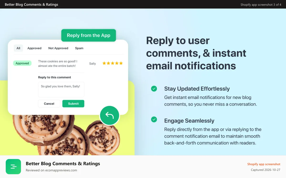 Better Blog Comments & Ratings Shopify app screenshot: Instant email notifications and admin replying functionality.