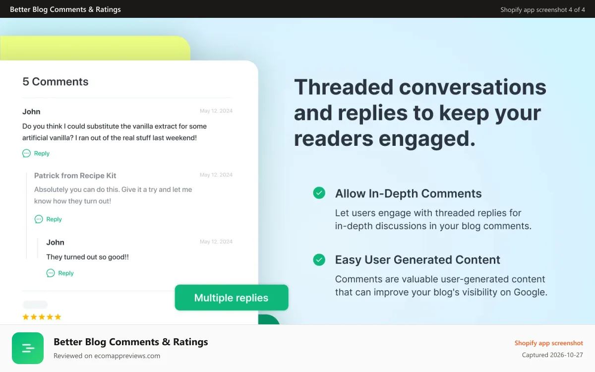 Better Blog Comments & Ratings Shopify app screenshot: Threaded conversations and replies on your blog posts.