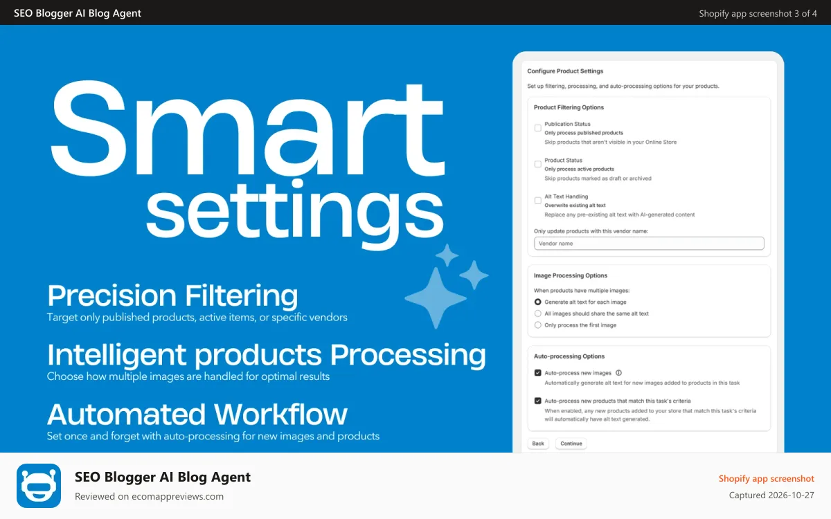 SEO Blogger AI Blog Agent Shopify app screenshot: SEO Blogger automate your blog - Smart Settings