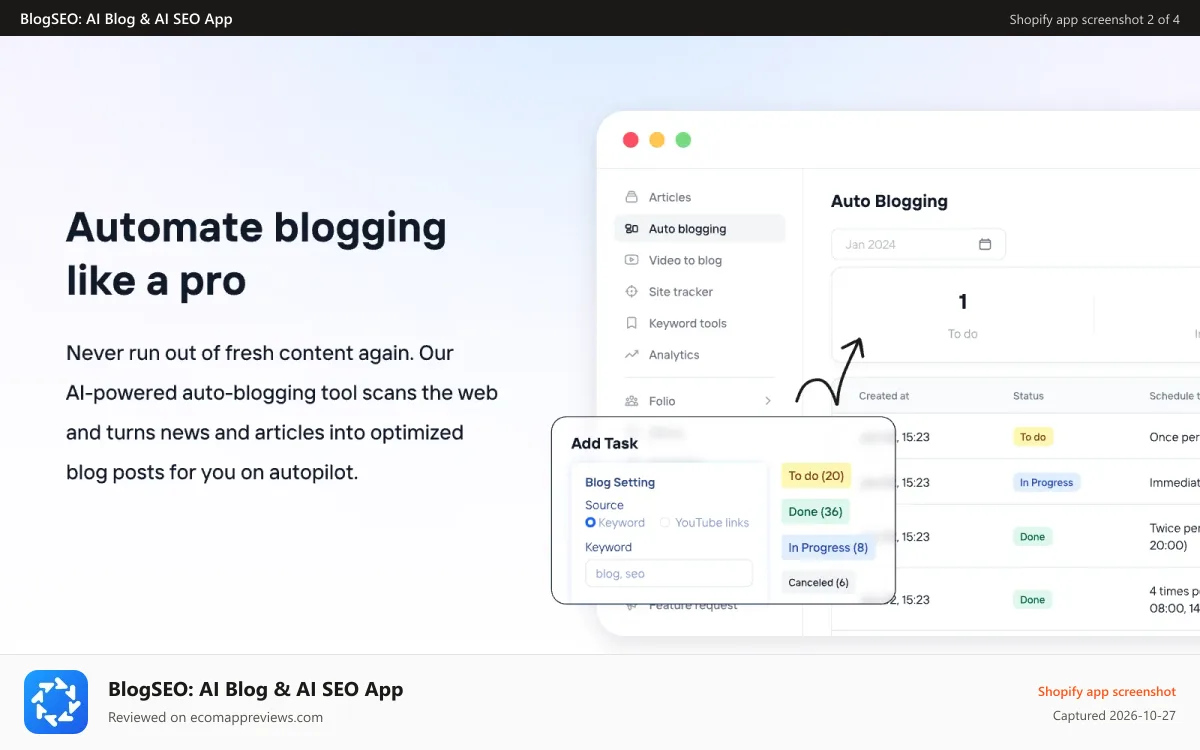 BlogSEO: AI Blog & AI SEO App Shopify app screenshot: automate blogging like a pro