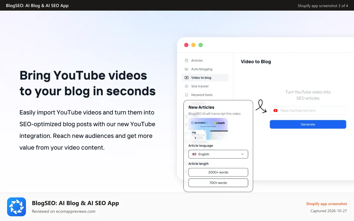 BlogSEO: AI Blog & AI SEO App Shopify app screenshot: bring YT videos into blog in seconds