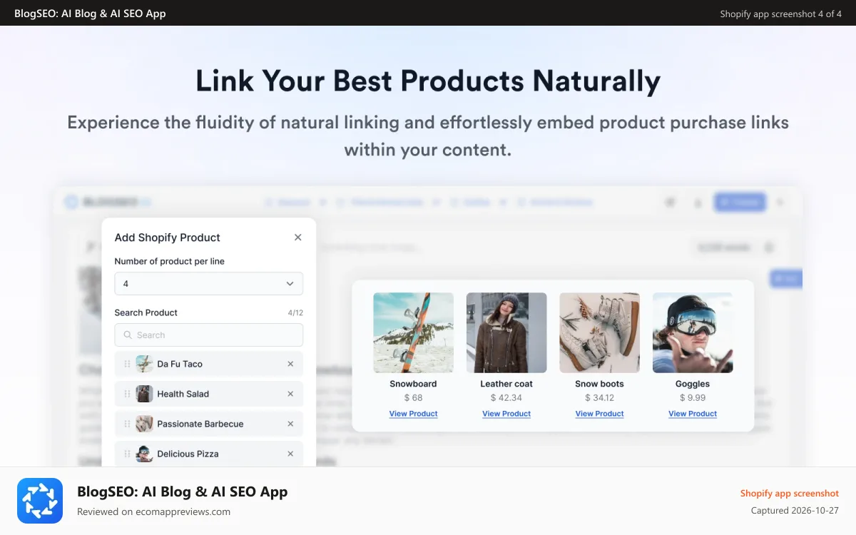 BlogSEO: AI Blog & AI SEO App Shopify app screenshot: like your products within articles automatically