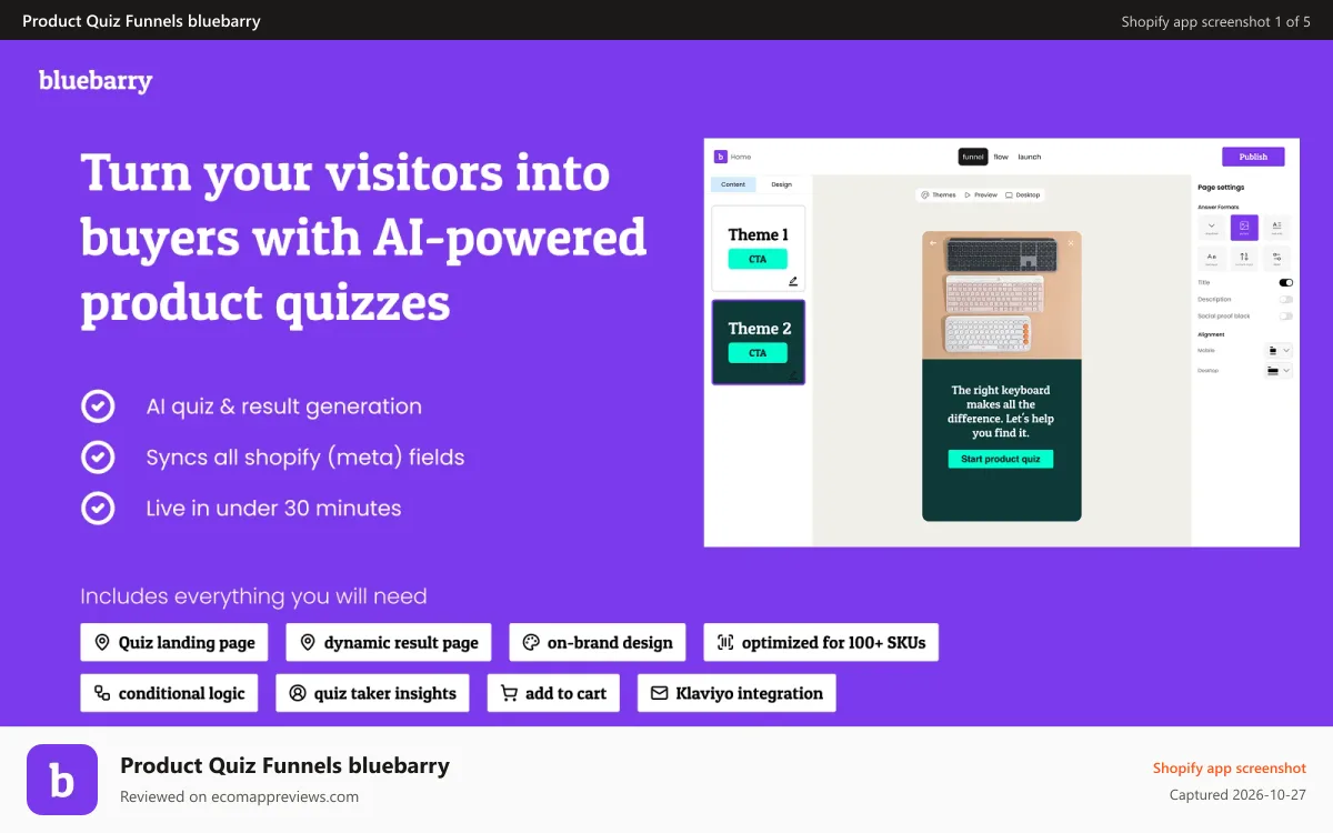 Product Quiz Funnels bluebarry Shopify app screenshot: Product Recommendation Quiz Funnels for Shopify