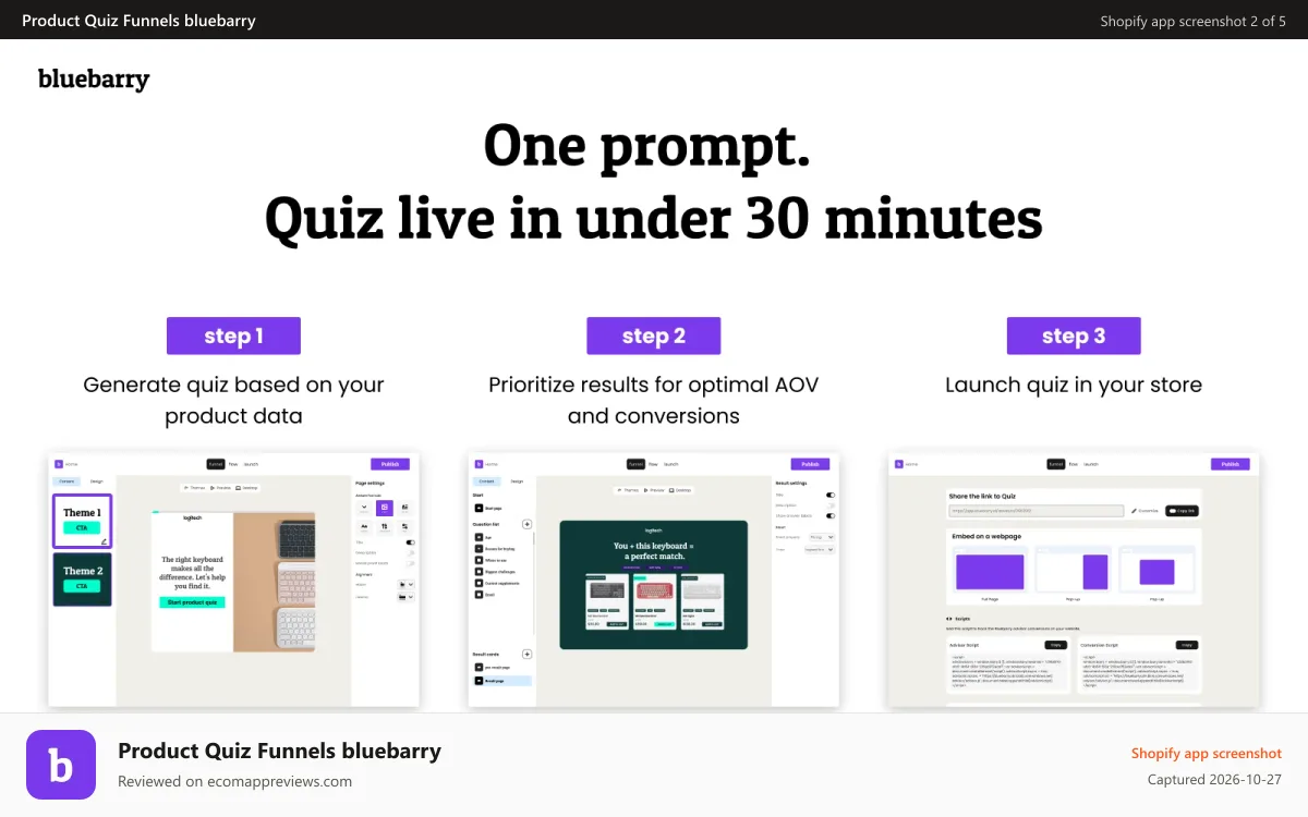 Product Quiz Funnels bluebarry Shopify app screenshot: Generate your quiz design & logic based on your Shopify catalog.