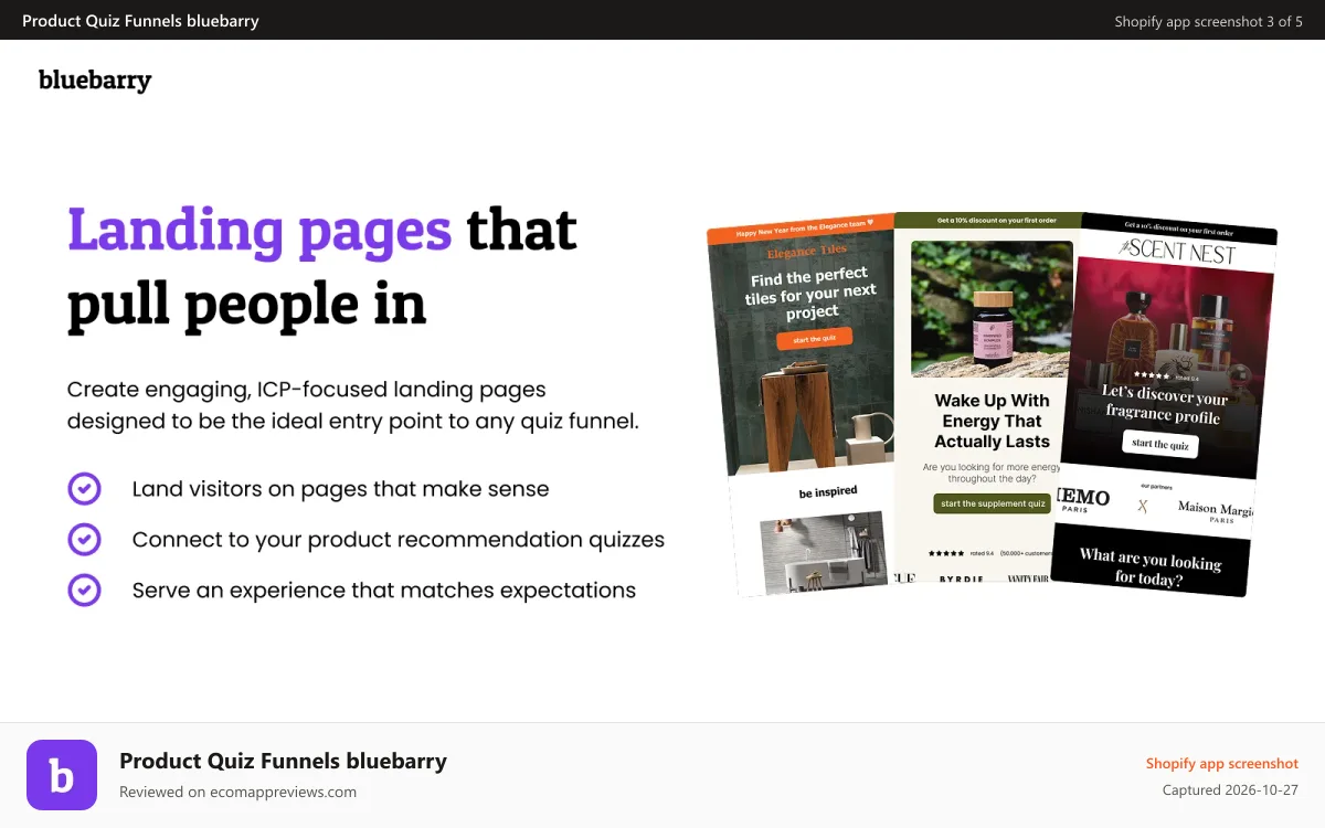 Product Quiz Funnels bluebarry Shopify app screenshot: Generate a landing page for your quiz that pulls people in.