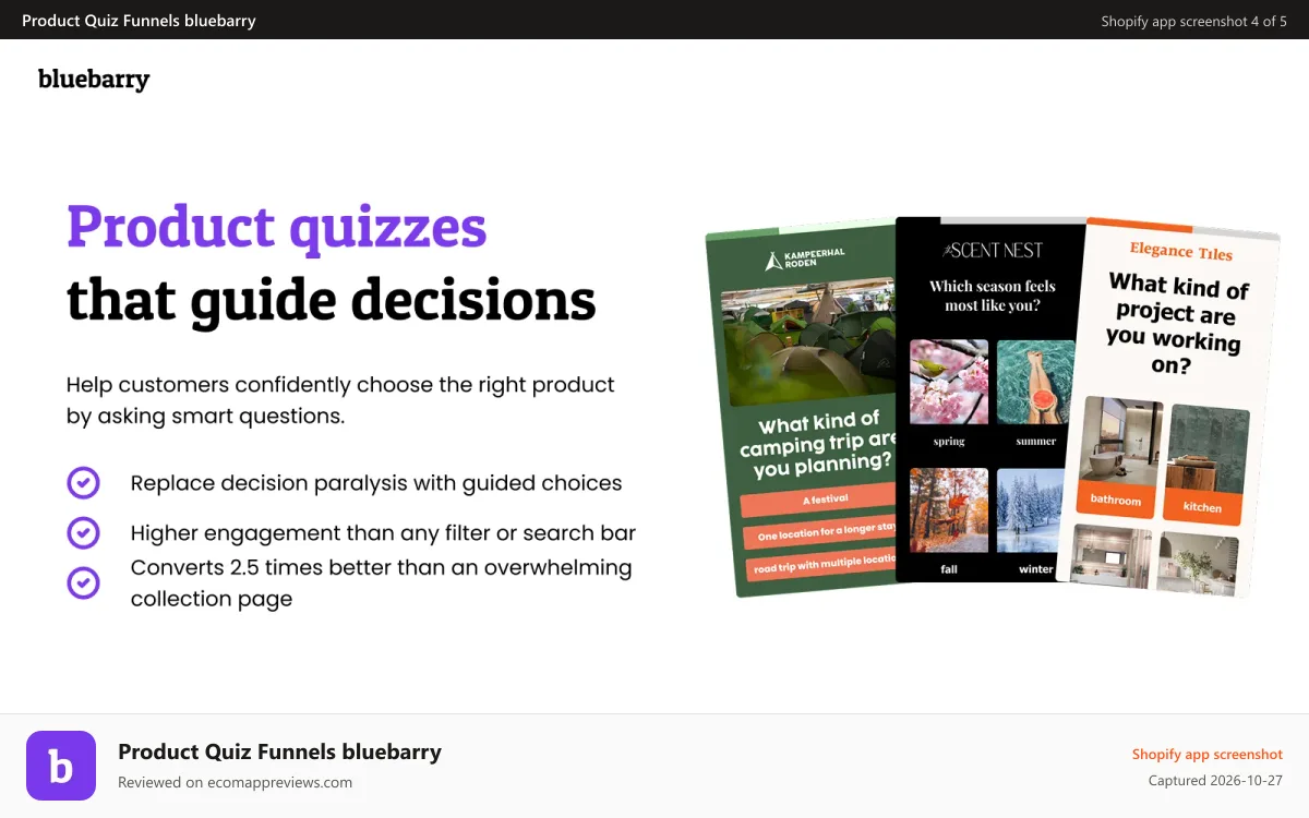 Product Quiz Funnels bluebarry Shopify app screenshot: Generate product quizzes that recommend and guide your buyers.