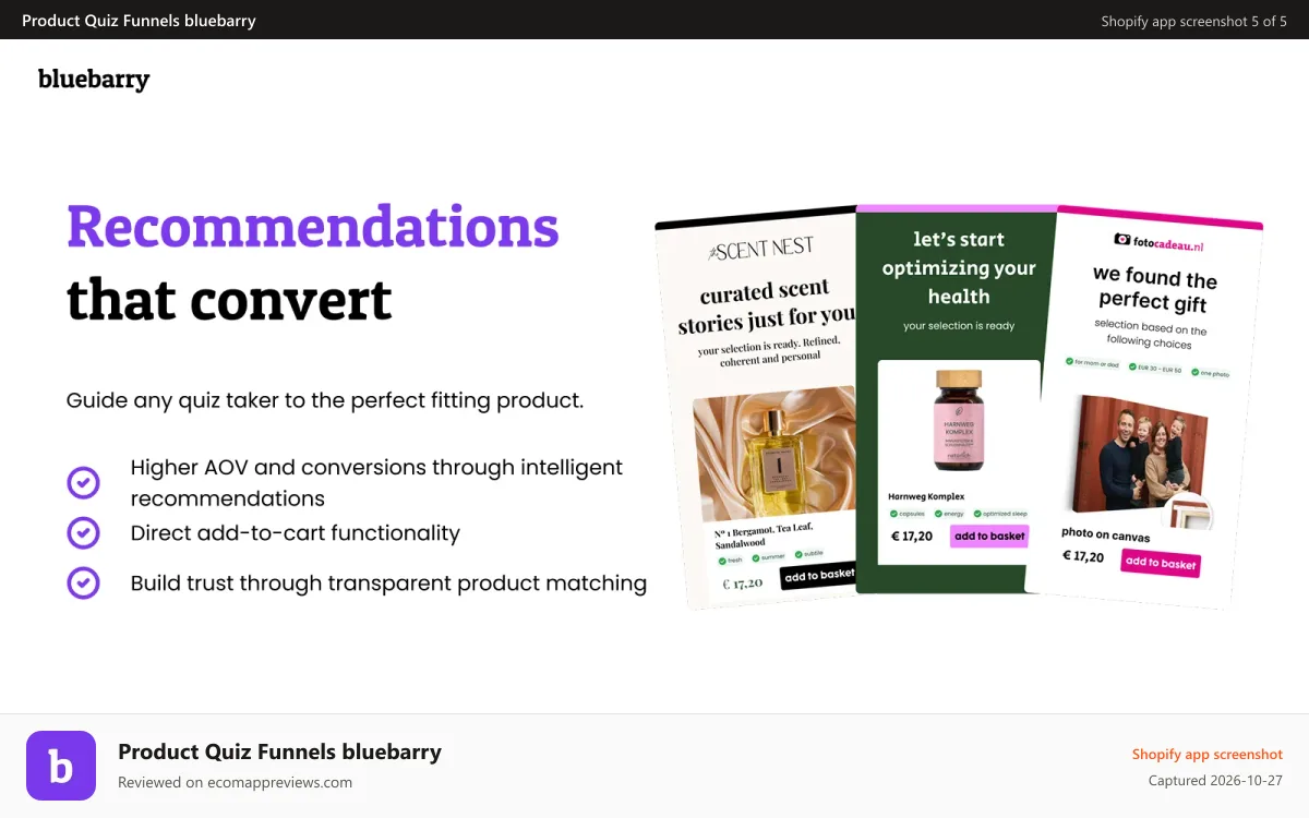 Product Quiz Funnels bluebarry Shopify app screenshot: Generate recommendations based on your visitor's preferences.