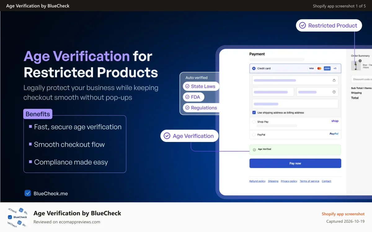 Age Verification by BlueCheck Shopify app screenshot: Age Verification in Shopify for restricted products