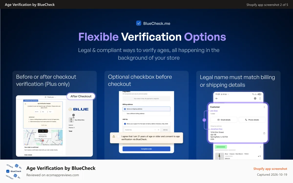 Age Verification by BlueCheck Shopify app screenshot: Flexible age verification options