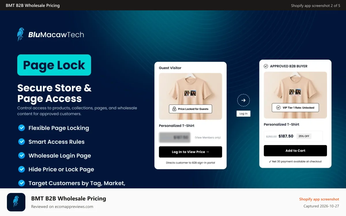 BMT B2B Wholesale Pricing Shopify app screenshot: Store Lock and Hide Price description