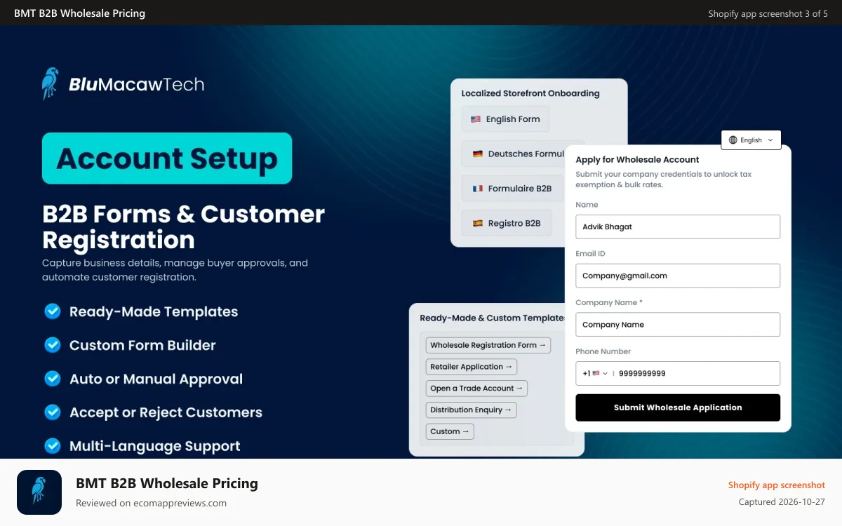BMT B2B Wholesale Pricing Shopify app screenshot: Registration form feature description