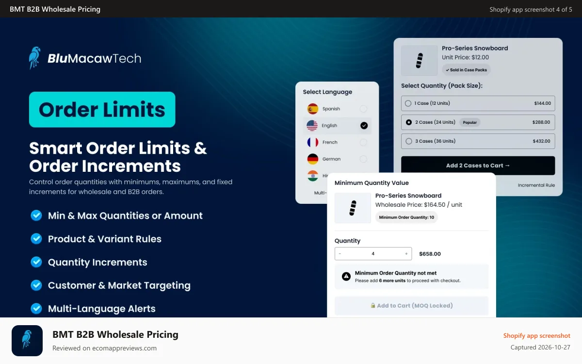 BMT B2B Wholesale Pricing Shopify app screenshot: Order limits feature description