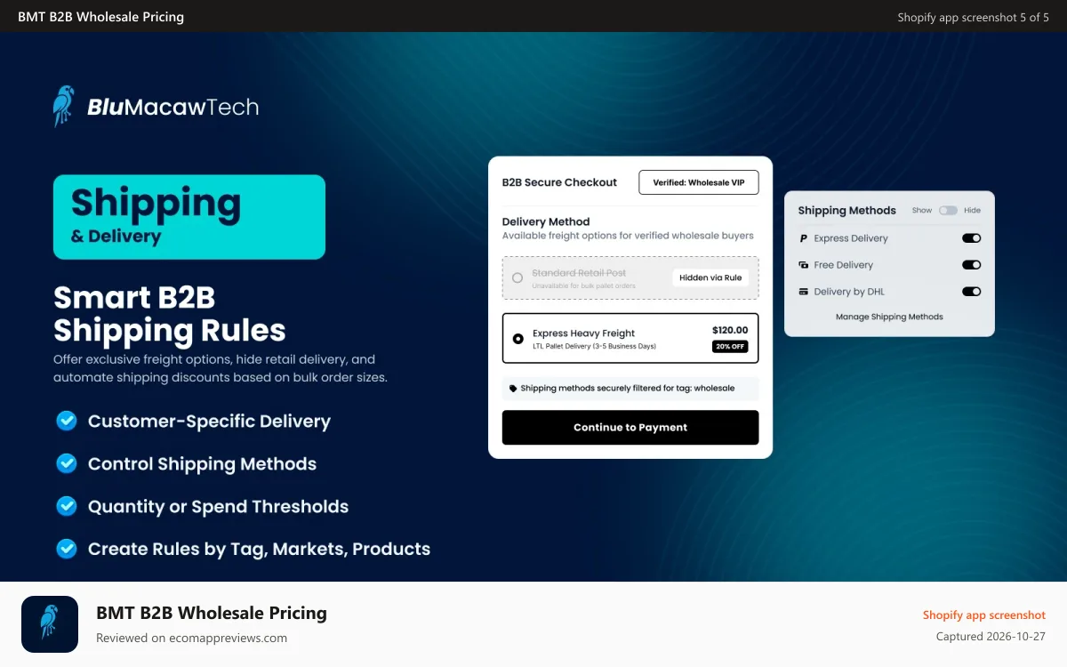 BMT B2B Wholesale Pricing Shopify app screenshot: Custom shipping terms