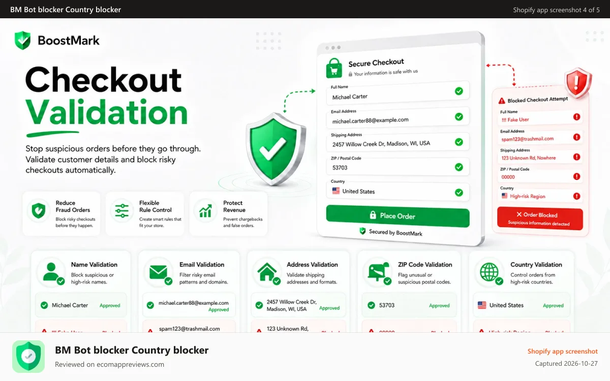 BM Bot blocker Country blocker Shopify app screenshot: Checkout Validation