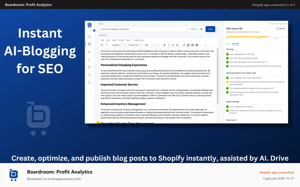 Boardroom: Profit Analytics Shopify app screenshot: Ad performance from Meta, Google and TikTok Ads in one view
