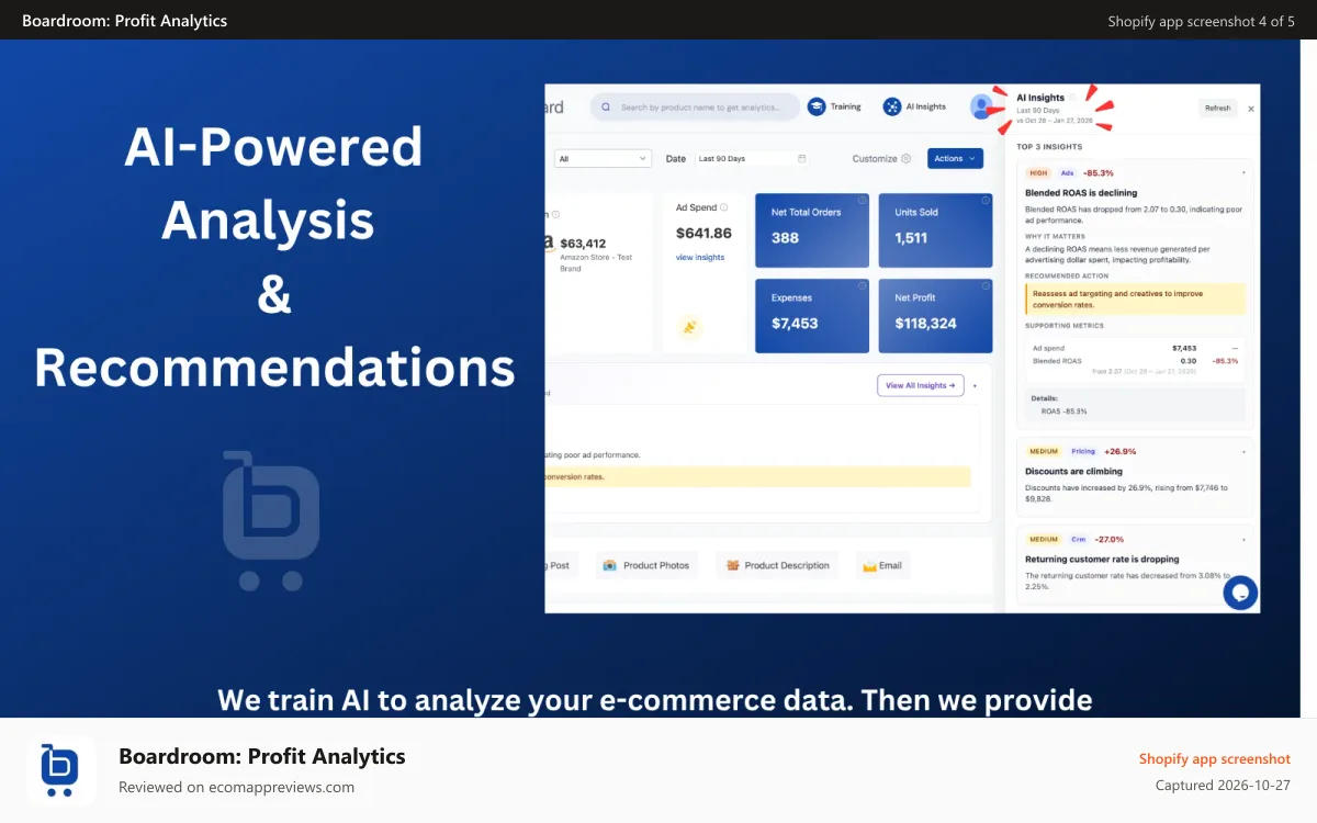 Boardroom: Profit Analytics Shopify app screenshot: AI assistant answering questions about store performance
