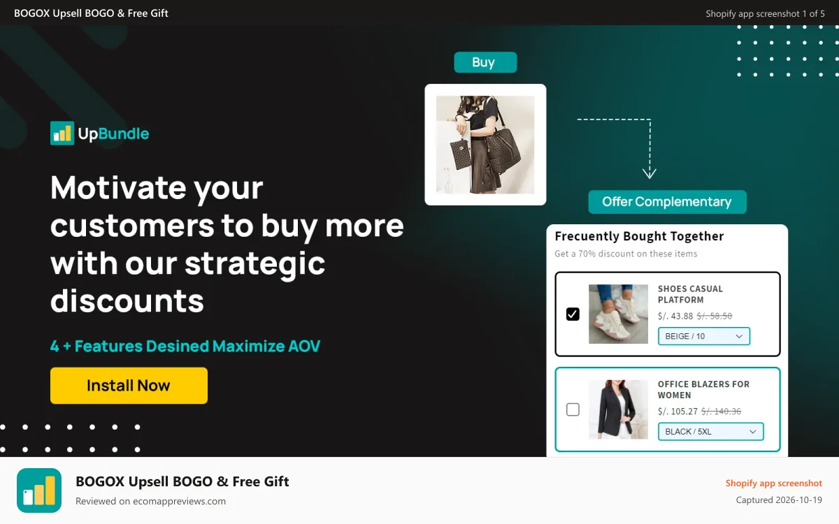 BOGOX Upsell BOGO & Free Gift Shopify app screenshot: Motivate your customers to buy more with our strategic discounts